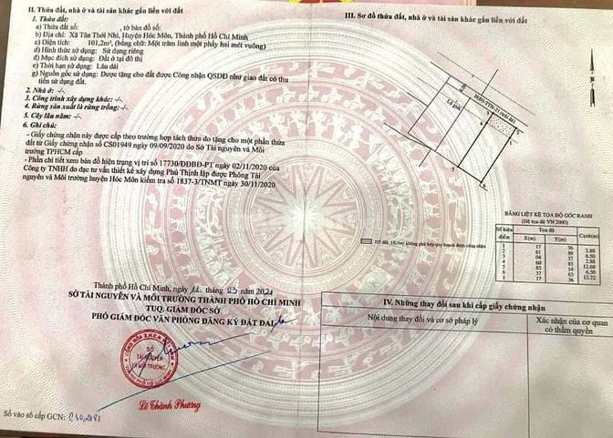 Bán gấp đất 101m2 giá chỉ với 1tỷ860 tại xã Tân Thới Nhì, Hóc Môn, Sổ 