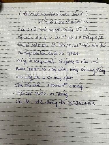 CHO 2 NỮ THUÊ NGUYÊN PHÒNG LẦU 2