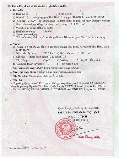 Bán nhà chung cư, diện tích 91 m2, lầu 3A, số 3-5 Nguyễn Thái Bình, Q1