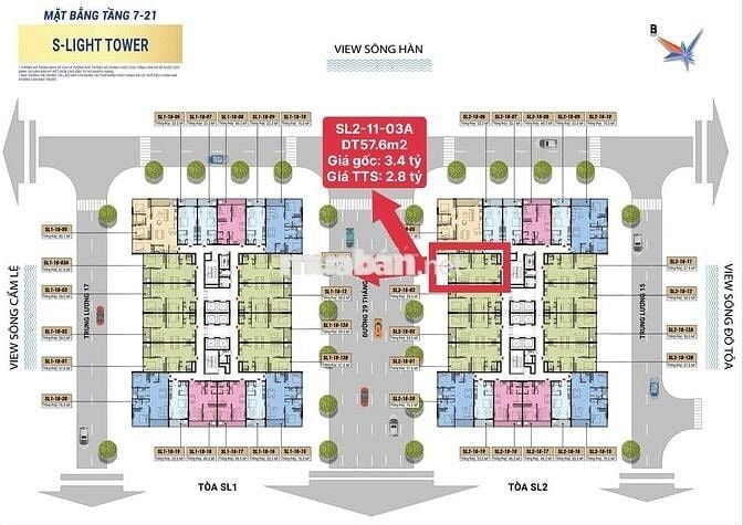 Bán Căn 1BR+/57.6m2 S-Light Tower Giá 2.8 tỷ - View Sông - CK 18.5%