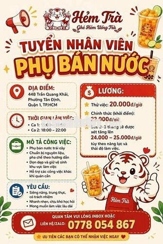 [LÀM NGAY] NHÂN VIÊN PHỤ BÁN NƯỚC QUẬN 1