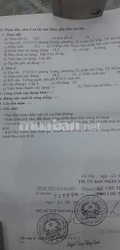 BÁN NHÀ HẺM ĐƯỜNG QUANG TRUNG, NGANG 3 X 6, GIÁ 3 TỶ 25O TRIỆU