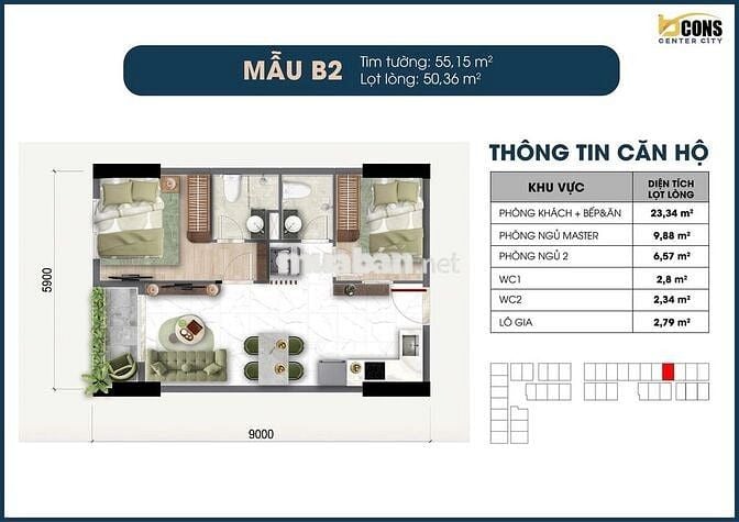 Chỉ 2,8 Tỷ - Căn Hộ 2PN+2WC Bcons Center City, Thanh Toán 1%/Tháng