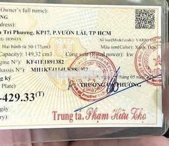 Vario 150/2020 Xám Bạc, đầu chưa mở, 18k, 9 chủ