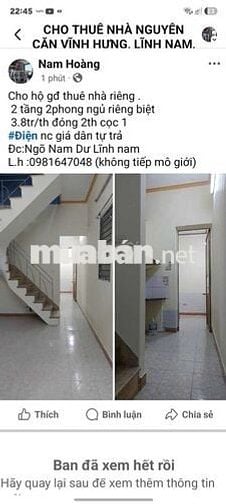 cho thuê nhà riềng 2 phòng ngủ