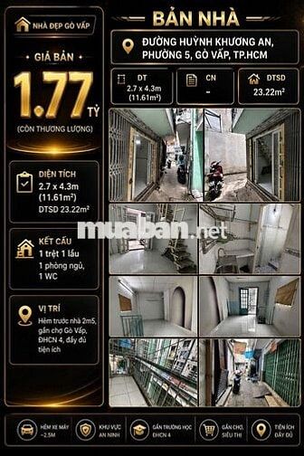 [SHR] Lý Thường Kiệt P.4 1 Trệt 1 Lầu Hẻm 2m5