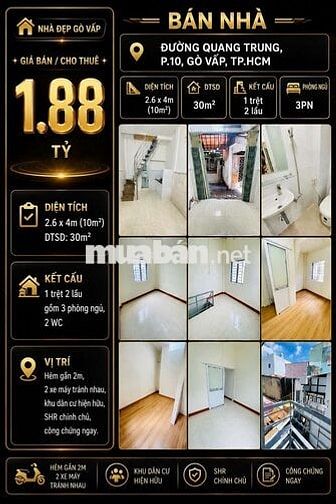 [SHR] Lý Thường Kiệt P.4 1 Trệt 1 Lầu Hẻm 2m5