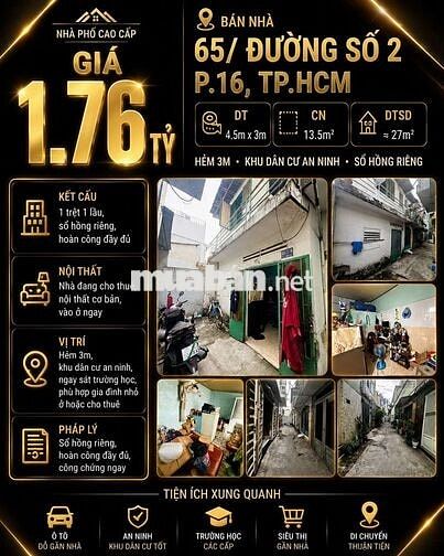 [SHR] Lý Thường Kiệt P.4 1 Trệt 1 Lầu Hẻm 2m5