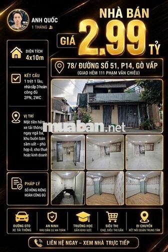 [SHR] Lý Thường Kiệt P.4 1 Trệt 1 Lầu Hẻm 2m5
