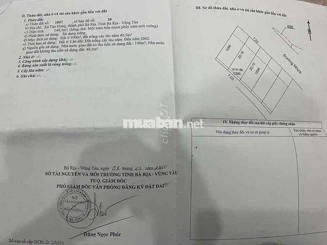 Cần bán 141m2 thổ cư Tân Hưng Bà Rịa (Long Hương, TPHCM), chỉ 9.8tr/m2