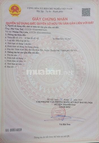 🎈Chính chủ đất Kim Bài,Thanh Oai Hà nội 43,1m2 ô tô đỗ cửa.Giá Đầu Tư