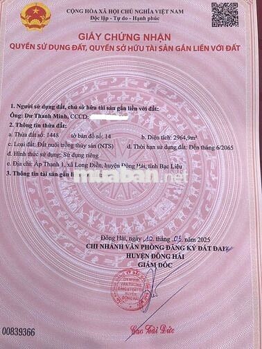 Bán đất Ấp Thạnh 1, Long Điền, Đông Hải, Bạc Liêu, 1,6 tỷ, 2964,9m2