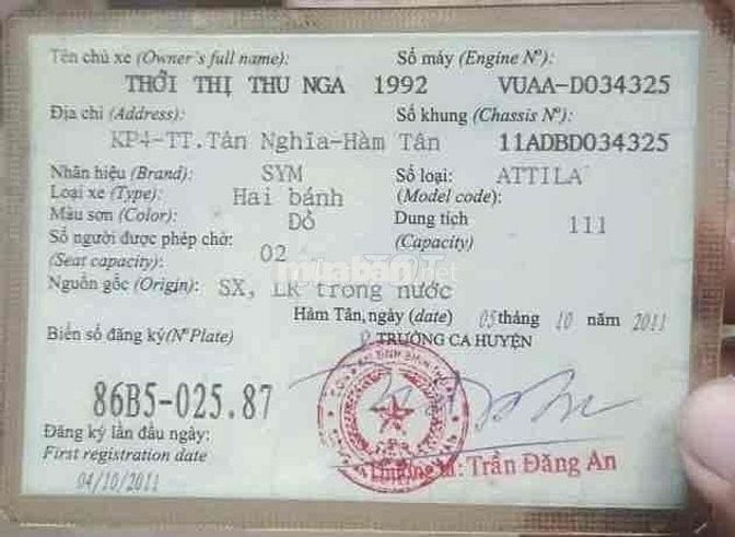 Bá xe SYM Elizabeth Fi 2011, BS86, Giấy tờ đầy đủ