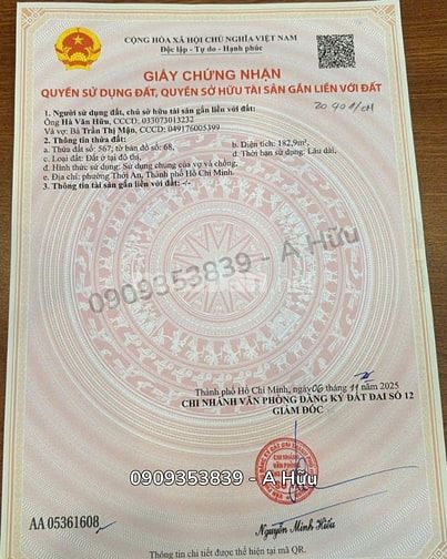 Chính chủ cần bán gấp đất thổ cư 182,9m² Quận 12
