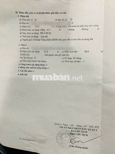CHÍNH CHỦ BÁN NHÀ CĂN GÓC QUẬN 4  DT 63,7M  GIÁ 6,5 TỶ (TL)