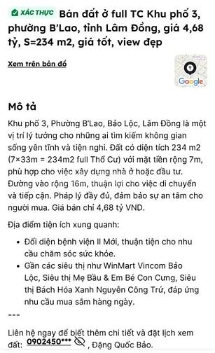 Đất Mặt tiền Khu phố 3, phường B'Lao (7 x33m = 234m2 full Thổ cư)