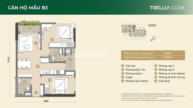 Căn 2PN Trellia Cove suất nội bộ chủ đầu tư Nam Long, view sông 