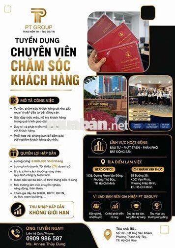 Tuyển nhân viên CSKH lương cứng 8tr/tháng + thưởng
