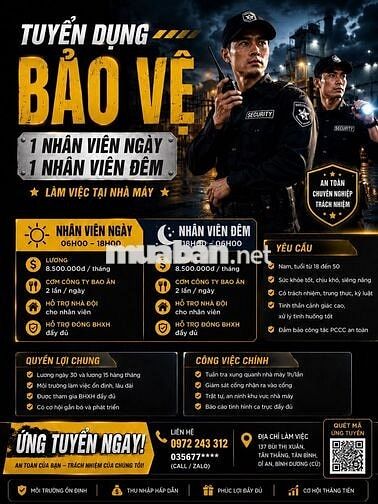 cần tuyển 2 nam bảo vệ lương 8tr500 đi cố định ca