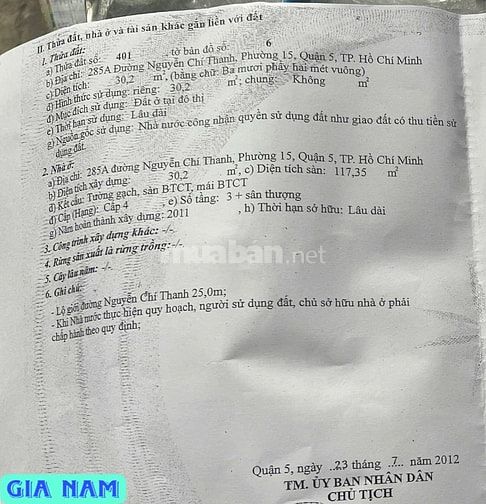 BÁN NHÀ MẶT TIỀN KINH DOANH : 285A NGUYỄN CHÍ THANH - P. 15 - Q. 5-HCM