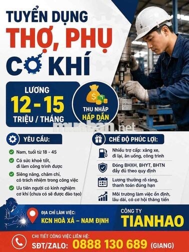 [FREE ĐÀO TẠO, THỢ, PHỤ CƠ KHÍ NAM ĐỊNH