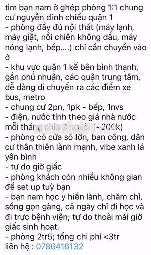 Tìm bạn ở ghép phòng chung cư Nguyễn Đình Chiểu Quận 1
