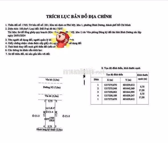 BÁN LÔ ĐẤT NGANG 5,75m Khu TĐC Phú Mỹ Thủ Dầu Một Bình Dương