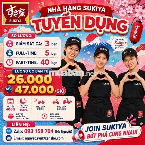 HỆ THỐNG NHÀ HÀNG SUKIYA TUYỂN DỤNG