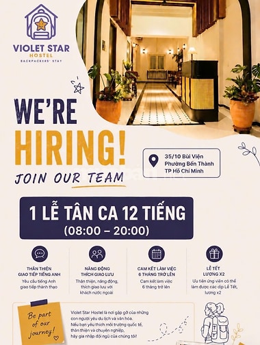 [Q1] TUYỂN LỄ TÂN HOSTEL– CA 6H/ 12H – ĐI LÀM NGAY 