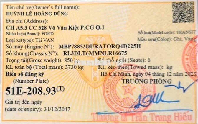 TRANSIT VAN 6 GHẾ TẢI 850KG SX 2022 LƯỚT 54000KM