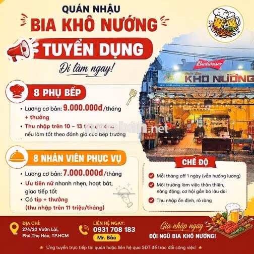TUYỂN 16 PHỤ BẾP, PHỤC VỤ TÂN PHÚ