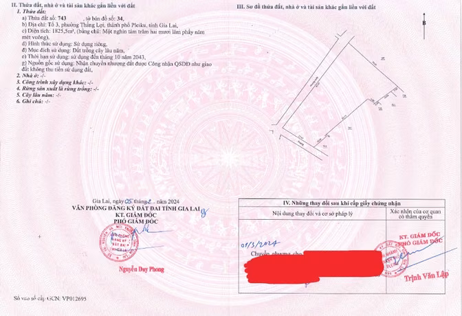 Bán QSDĐ và TS gắn liền với đất thuộc thửa 743, TP.Pleiku, T.Gia Lai