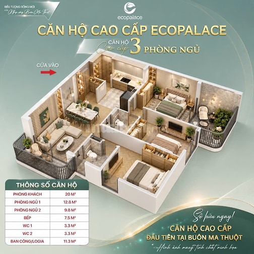 💎 CĂN HỘ ECOPALACE BMT – ECO-3015 | căn góc 3PN | 85,3M² | 2 BAN CÔNG