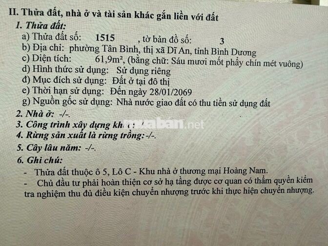 [CHÍNH CHỦ] ĐẤT 61.9M² KDC HOÀNG NAM – TÂN BÌNH, TP. DĨ AN