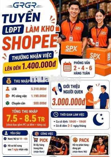 TUYỂN LĐPT LÀM KHO  - THƯỞNG ĐẾN 1TR4