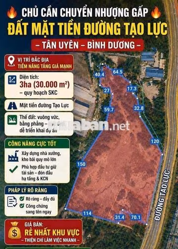 Bán Đất Quy Hoạch SKC SXKD Đường Tạo Lực 3,1ha( 31.000m² )giá 37,9 tỷ 