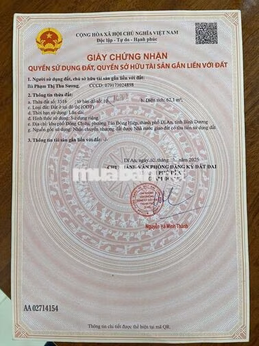 Bán đất thổ cư 62.1m2 sát đường Lê Hồng Phong, Dĩ An, Bình Dương