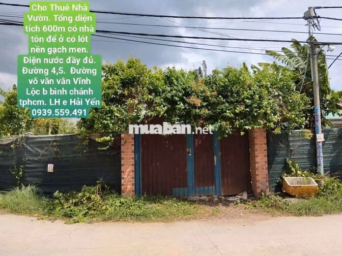 Nhà vườn 600m Có Nhà Điện nước nhà nước  Đường Võ Văn Vân vĩnh lộc B 