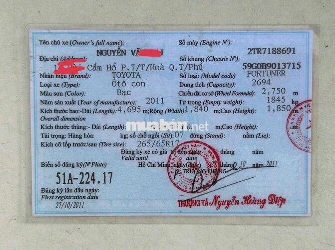 Toyota Fortuner 2.7V 2011 Xăng Tự động Bạc