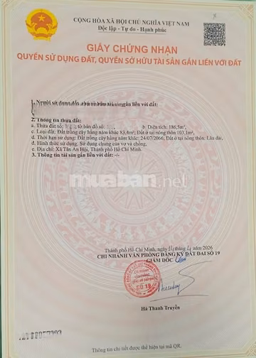 Bán gấp lô đất 186m² giá 880triệu, đường Nguyễn Văn Khạ xã Tân An Hội 
