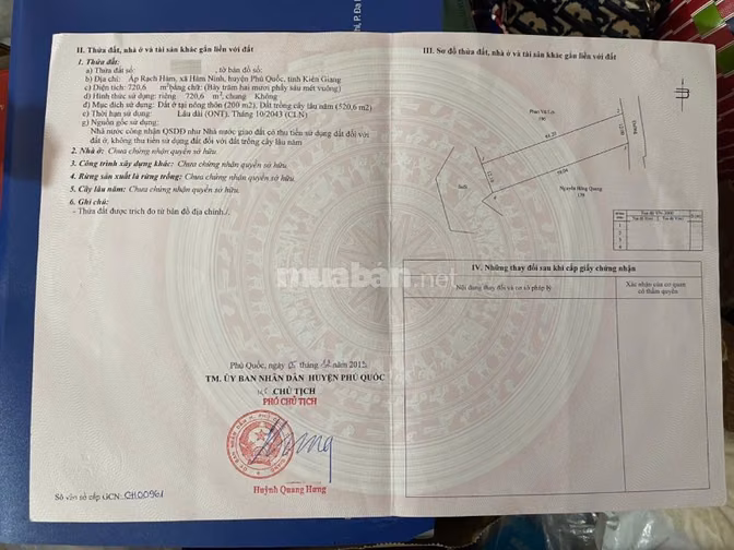 Bán đất thổ cư xã Hàm Ninh, Phú Quốc: 12 x 61, giá 5,5 tỷ