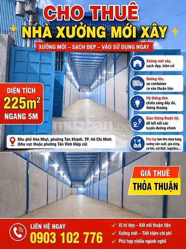 Chính chủ cho thuê nhà xưởng mới xây, đẹp. Diện tích: 225 m² (5×45)