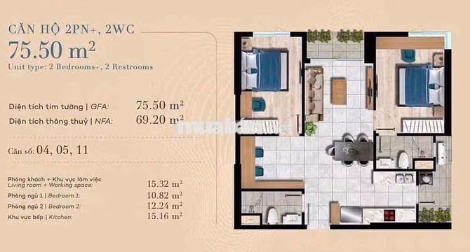 Chính chủ chuyển nhượng căn góc The Gió Riverside 75m2 trọn view sông