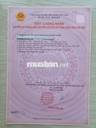Bán Đất Tóc Tiên, Châu Pha Phú Mỹ 5x30m 150m2 83m2-tc đường 6m