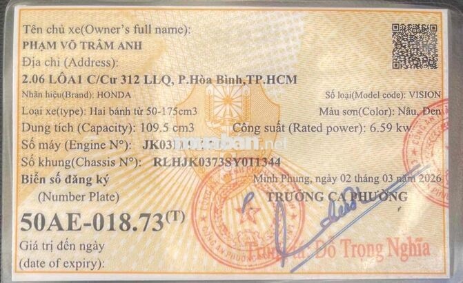 Vision đklđ 2026 ĐB nâu vàng 1700 km, bstp 9 chủ.