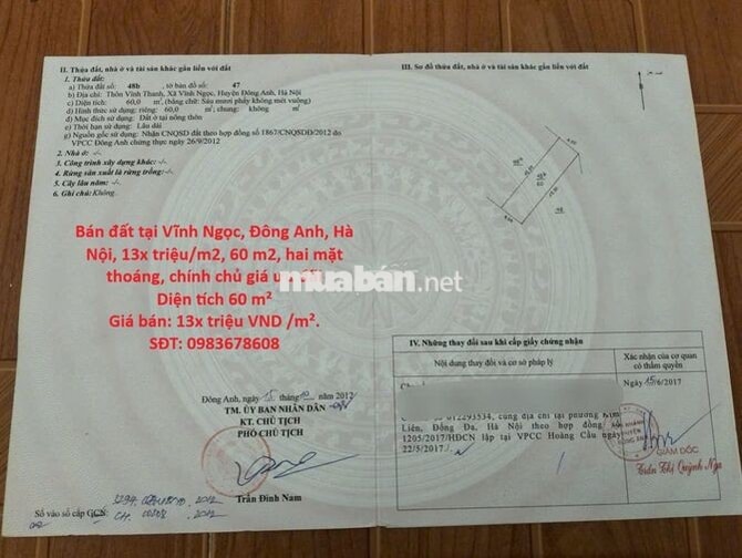 Bán đất Vĩnh Ngọc,Đông Anh,Hà Nội,13x triệu/m2, 60m2 hai mặt thoáng