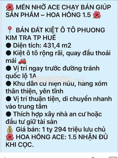Cần bán lô đất tại phường KIM TRÀ TỨ HẠ TP HUẾ