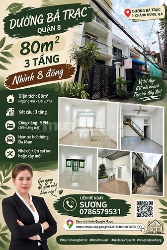 NHÀ DƯƠNG BÁ TRẠC , 80M2 , 3 TẦNG , NHỈNH 8 ĐỒNG 