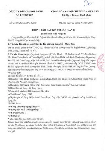 BÁN ĐẤU GIÁ TÀI SẢN TẠI XÃ THIỆN NGHIỆP, TP PHAN THIẾT
