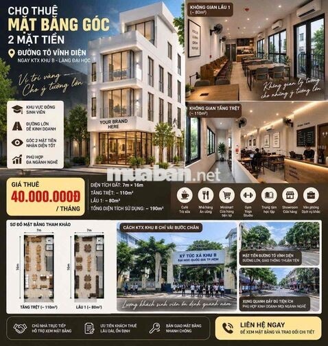 CHO THUÊ MẶT BẰNG GÓC 2 MẶT TIỀN- NGAY LÀNG ĐẠI HỌC